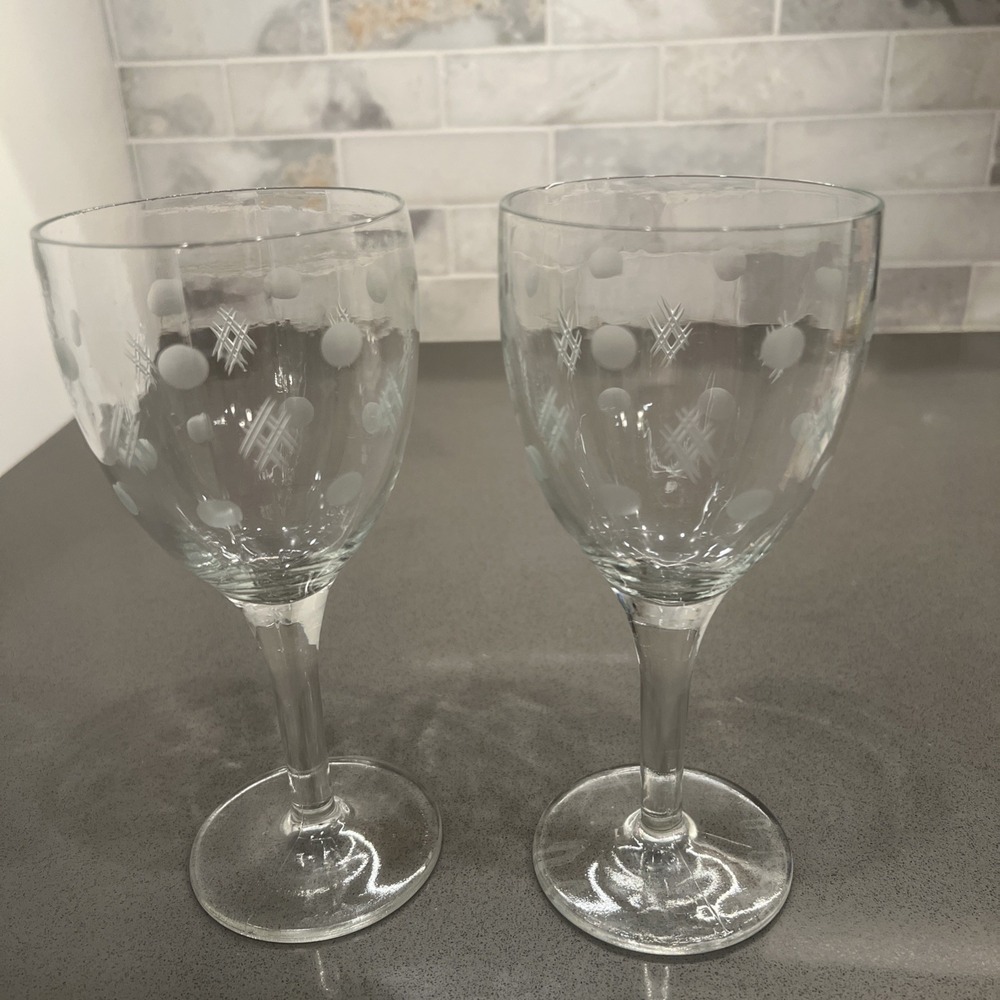 2 Standard Glass Co Criss Cross & Punties Etched Tall Water Goblet